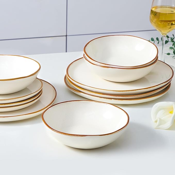 Bestone 12 Pieces Round Kitchen Dinnerware SetsPlates and Bowls SetsDishes Plates Bowls Dish Set Chip Resistant Ceramic Dinnerware Set Dishwasher/Microwave SafeService for 4Pearl White