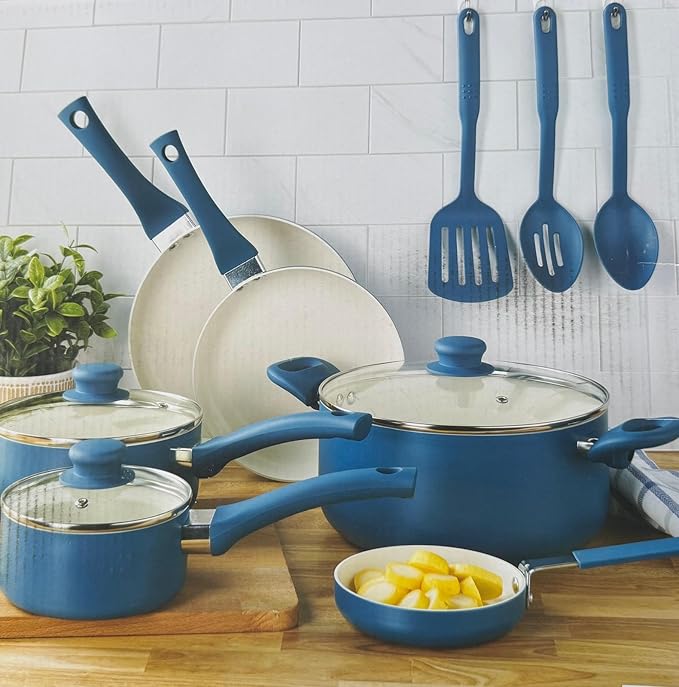 Nonstick Cookware Set Ceramic Coating12 pieces Cooking Pots and Pans Kitchen Utensils Included Dishwasher Safe Durable Cookware nine-piece ceramic cookware set has silicone tools pot guards
