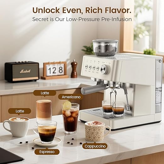 COWSAR 15-Bar Expresso Coffee Machines Commercial Espresso Machine with Grinder Milk Frother/Steam Wand &amp Tamping Tools for Cappuccino &amp Latte - White