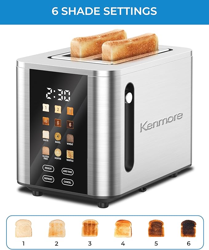 Kenmore 2-Slice Digital Touchscreen Toaster - 900W Stainless Steel Wide Slots 6 Shade Settings Bread Presets Countdown Timer Reheat &amp Defrost Functions Compact Countertop Design tostadora digi