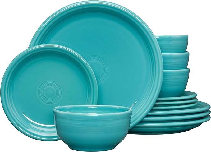 Fiesta® Bistro Coupe 12-Piece Dinnerware Set – Durable Ceramic Lead-Safe Dishwasher/Microwave/Oven Safe – Made in USA Dinnerware - Turquoise