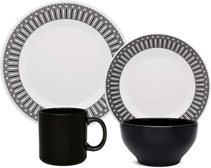 Manhattan Comfort Biona 16 Piece Ceramic Dinnerware Set Service for 4 Scratch-Resistant Oven &amp Microwave Safe Smooth &amp Durable Dishes with Elegant Geometric Patterns Black/Ivory