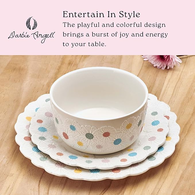 Darbie Angell Painted Daisy 12 Piece Plate and Bowl Dinnerware Set Durable Service for 4 Floral Design Modern Tableware