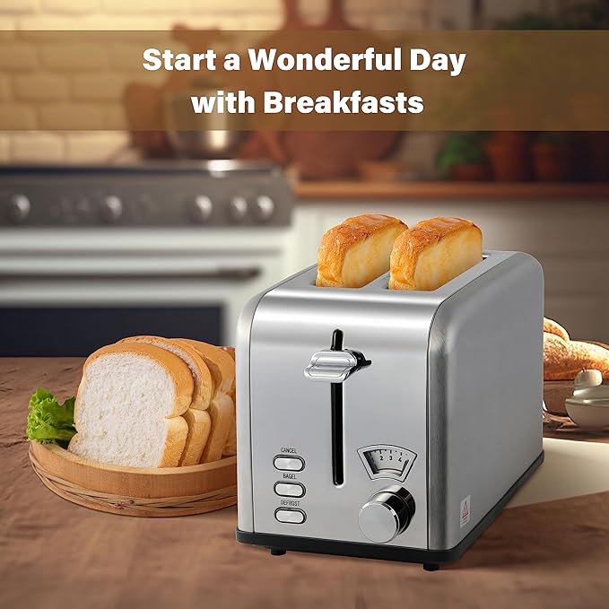 YSSOA 2-Slice Toaster with Extra Wide Slot &amp Removable Crumb Tray 5 Browning Setting and 3 Function: Bagel/Defrost/Cancel Retro Stainless-Steel Style for Bread &amp Waffle Silver