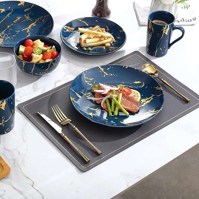 Modern Porcelain 16 Piece Blue Dinnerware SetPlates and Bowls SetsGold Dish Set for 4Blue Dinnerware SetDinner Sets with Dinner Plates.