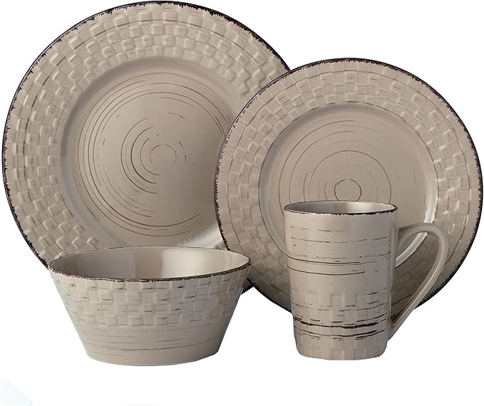 Lorren Home Trends 16 Piece Distressed Weave Dinnerware Set-Mocca