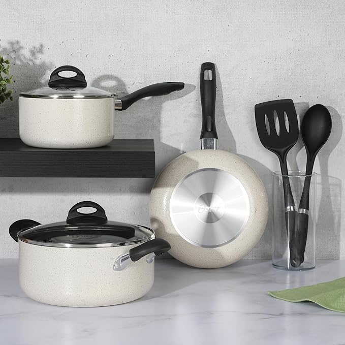 Oster Clairborne 7 Piece Aluminum Premium Nonstick Pots and Pans Cookware Set W/Induction &amp Bakelite Stay Cool Handle - White W/Speckle