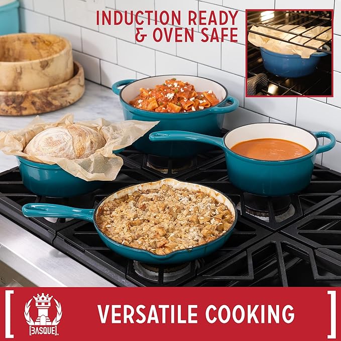 Basque Enameled Cast Iron Cookware Set 7-Piece Set (Biscay Blue) Nonstick Oversized Handles Oven Safe Skillet Saucepan Small Dutch Oven Large Dutch Oven 10.25 2QT 2.25QT 4.75QT