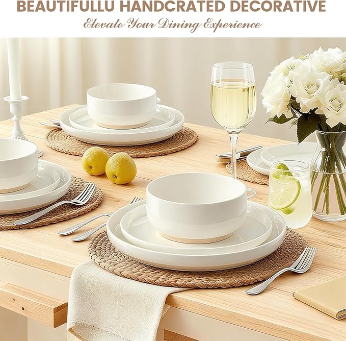 Plates and Bowls Sets Scratch Resistant Dinnerware Sets for 8 24 Pieces Porcelain Ceramic Dishware Dishes Set Modern Stoneware Kitchen Dinner Set Microwave and Dishwasher Safe Cream White