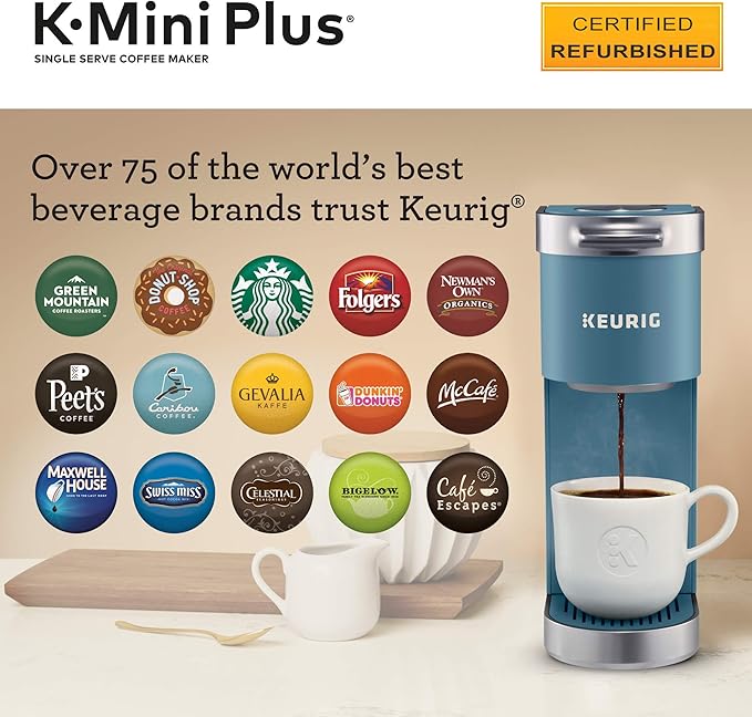 Keurig K-Mini Plus Coffee Maker Certified Refurbished Single Serve K-Cup Pod Coffee Brewer Comes With 6 to 12 oz. Brew Size K-Cup Pod Storage and Travel Mug Friendly Evening Teal (Renewed)