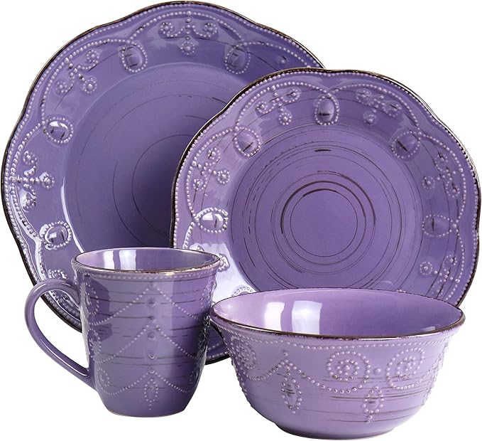 Elama Rustic Birch 16 Piece Stoneware Dinnerware Set in Purple Purple with Brown Accents (EL-RUSTICBIRCH)