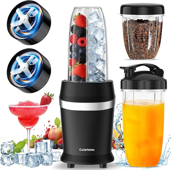 12-Piece Smoothie Blender Maker 25000 RPM Personal Blender for Ice Crushing Smoothies &amp Frozen Drinks Nuts with 23oz 32oz 37oz Portable Cups Two 6-Leaf Stainless Steel Blades Matte Black