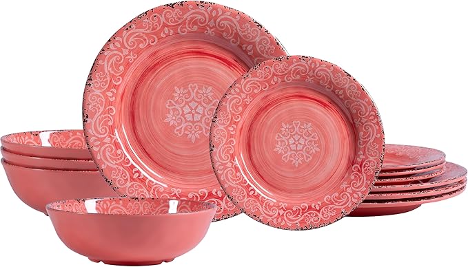12-Piece Farmhouse Melamine Dinnerware Set Elegant Unbreakable plates and bowls sets BPA Free Dinner Dishes serving Set Service for 4 Perfect for Indoor/Outdoor Dining Peach pink Red