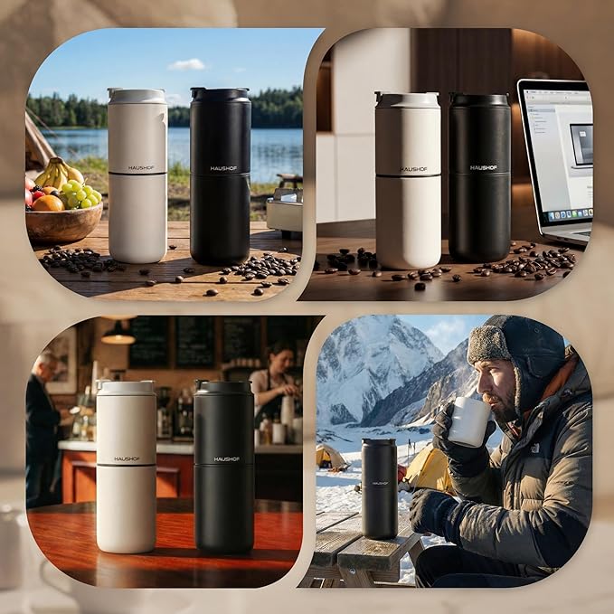 HAUSHOF Portable Coffee Maker Travel Coffee Maker Battery Operated Small Pour Over Set Compact Coffee Maker with Electric Grinder &amp Insulated Mug for Travel Camping Car