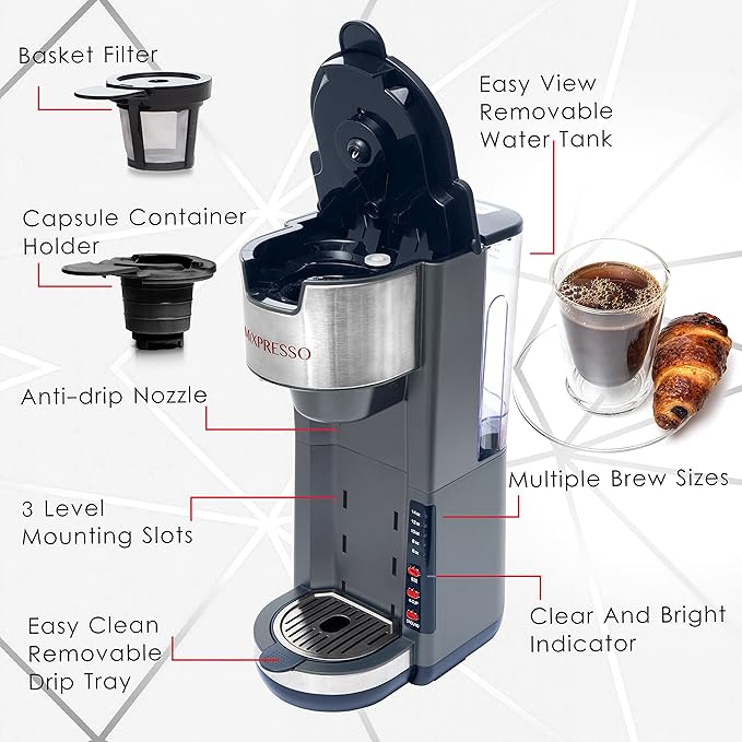 Mixpresso Gray Single Serve Coffee Brewer K-Cup Pods Compatible &amp Ground 30 oz Compact Coffee Maker Single Serve With 5 Brew Sizes Up To 14 Oz Fits Travel Mug Adjustable Drip Tray