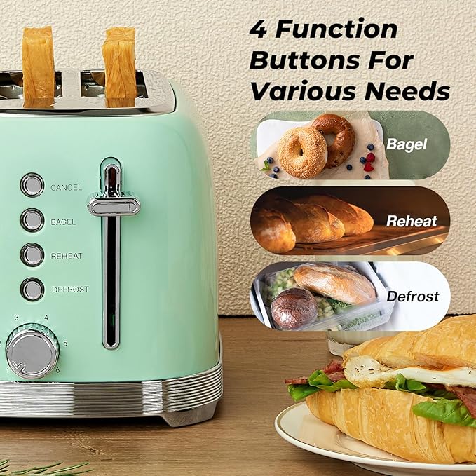 Toaster 2 Slice Retro Stainless Steel with 1.5” Extra Wide Slots Bagel Defrost Reheat Cancel Functions 6 Bread Shade Settings Removable Crumb Tray Aqua Green