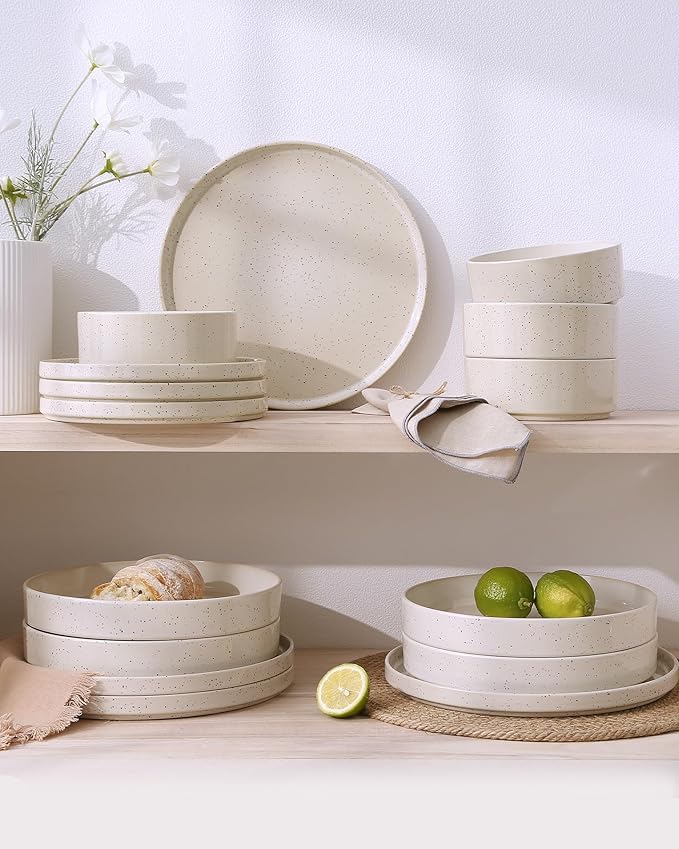 Famiware Nebula Plates and Bowls Set 24 Pieces Dinnerware Sets Dishes Set for 8 Creamy White with Colorful Speckles
