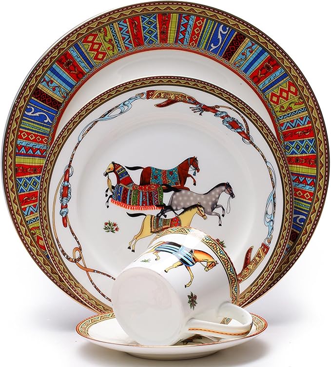 European Style Dinnerware Set Service for 4 Bone China Dinnerware Sets Unbreakable Porcelain Dinner Sets Coffee Cup and Saucer Tableware Set Steak Dinner Plates Dish Set horse-06
