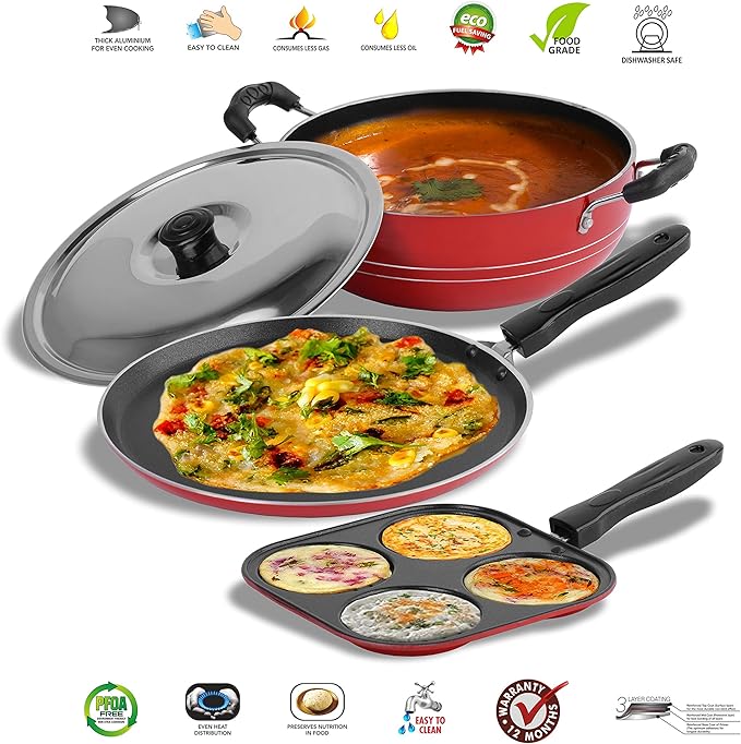 Sumeet 2.6mm Thick Non-Stick Red Blush Combo set (Dosa Tawa – 26.5cm Dia + Multi snack maker – 26.5cm Dia + Kadhai With Lid – 1.5Ltr capacity- 20cm Dia)