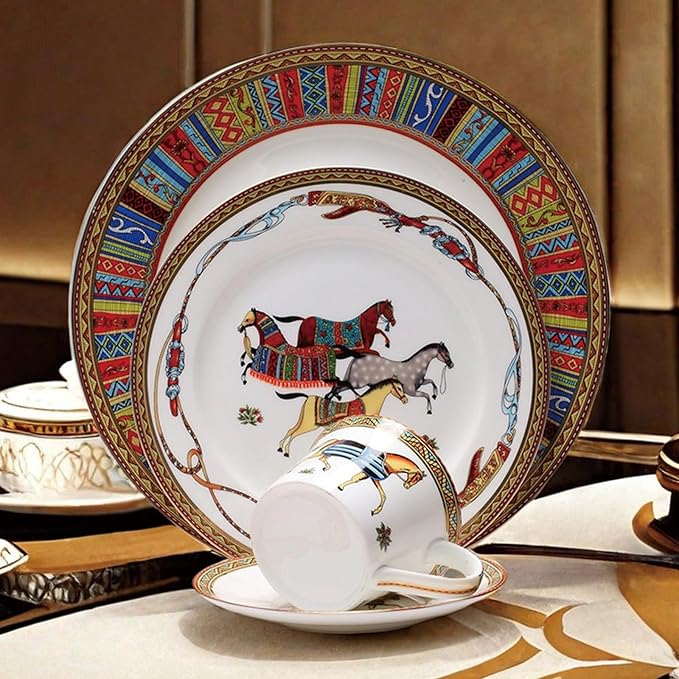 European Style Dinnerware Set Service for 6 Bone China Dinnerware Sets Unbreakable Porcelain Dinner Sets Coffee Cup and Saucer Tableware Set Steak Dinner Plates Dish Set horse-04