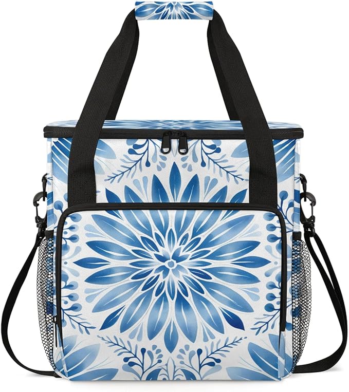 Blue White Floral Coffee Maker Travel Bag for Keurig K-Mini/K-Mini Plus Insulated Waterproof Tote with Pockets for Portable Single-Serve Brewer Case