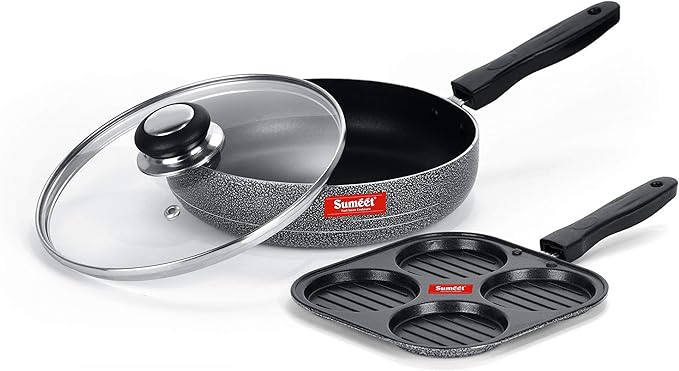 Sumeet NonStick Silfur Cookware Set (Frypan with Glass Lid - 1.5Ltr - 22Cm Dia + Mini Multi Snack Maker - 4 Cavity -19.5cm)