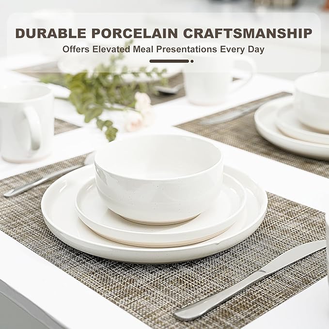 EWFEN 16-Piece Ceramic Dinnerware Sets with Mugs for 4 Handpainted Plates and Bowls Set with Rustic Terracotta Underside Scratch Resistant Dishes Set Dishwasher &amp Microwave Safe