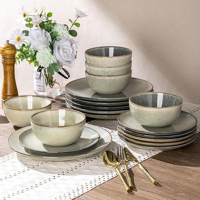AmorArc Ceramic Dinnerware Sets for 8 24 Pieces Handpainted Stoneware Plates and Bowls Set Scratch Resistant Dishes Set Dishwasher &amp Microwave Safe Reactive Color