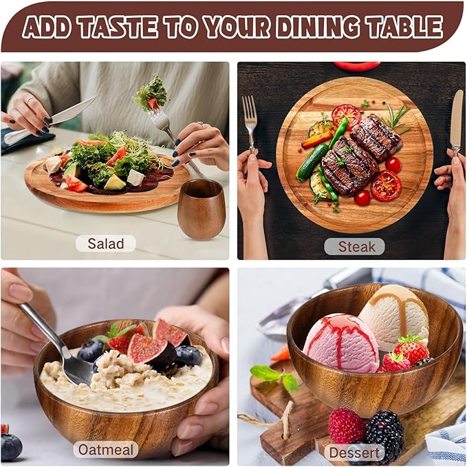 Maxdot 16 Pcs Acacia Wood Dinnerware Set Round Wooden PlatesSolid Wooden Bowls and Tea Cups Acacia Wood Tableware Supplies Easy Cleaning &amp Lightweight for Dishes Snack Dessert Set for 4