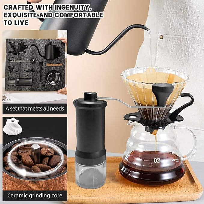 Pour Over Coffee Maker Set Manual Grinder Gooseneck Kettle with Thermometer Dripper Glass Carafe Filters Brush &amp Scoop Complete Hand Brew Coffee Gifts Kit for Coffee Lovers
