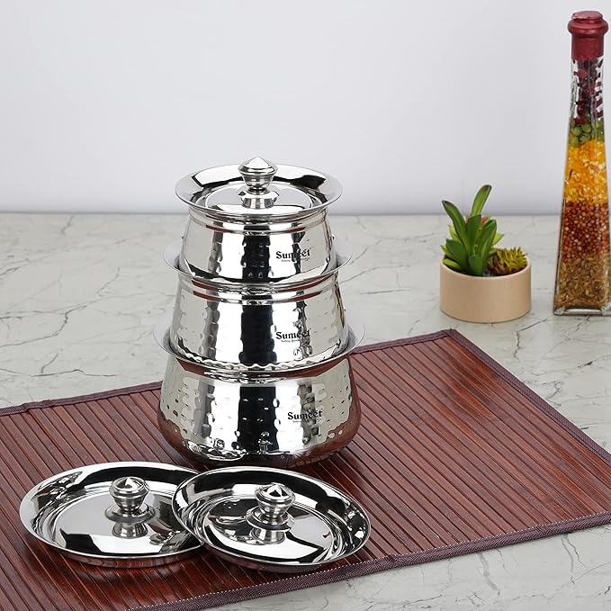 Sumeet Stainless Steel Handcrafted Hammered Texture Handi Set with Lid for Kitchen Set of 3 460ml 650ml &amp 950ml Silver