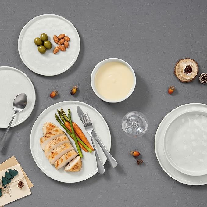 E-far 8-Piece Plates and Bowls Sets with Pasta Bowls - Stoneware Dinnerware Set for 2 Modern Ribbed Speckled White Dishes Microwave &amp Dishwasher Safe