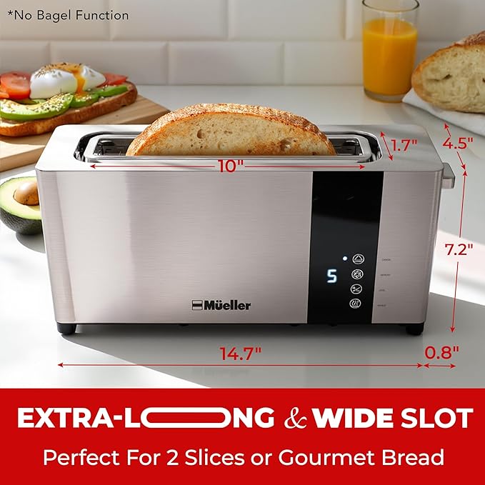 Mueller UltraToast Full Stainless Steel Toaster 2 Slice Long Extra-Wide Slots with Removable Tray Cancel/Defrost/Reheat Functions 6 Browning Levels with LED Display Housewarming Gifts New Home