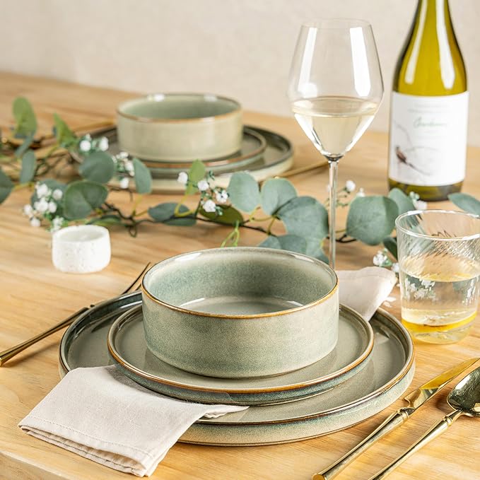AmorArc Ceramic Dinnerware Sets Handmade Reactive Glaze Stoneware Plates and Bowls SetsHighly Chip and Crack Resistant | Dishwasher &amp Microwave Safe Dishes Set Service for 4 (12pc)