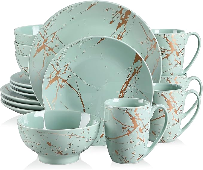 Ceramic Tableware Green 16/32/48 Piece Procelain Dinnerware Set Design by Gold Splash with Dinner PlateCake PlateBowlsCoffee Cups16-Piece