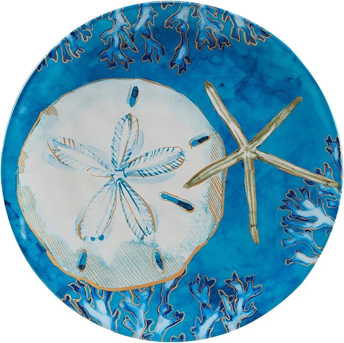 Unknown1 Shells 16-Piece Dinnerware Set Service for 4 Blue Gold White Coastal Casual Farmhouse Round 16 Piece Dishwasher Safe Microwave M