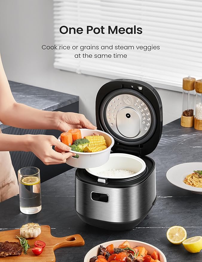 COMFEE' Compact Rice Cooker 8 Cups Cooked/4 Cups Uncooked 9-in-1 Multi Cooker Fast Rice Maker Steam Brown Rice Grains Fuzzy Logic Technology Grey