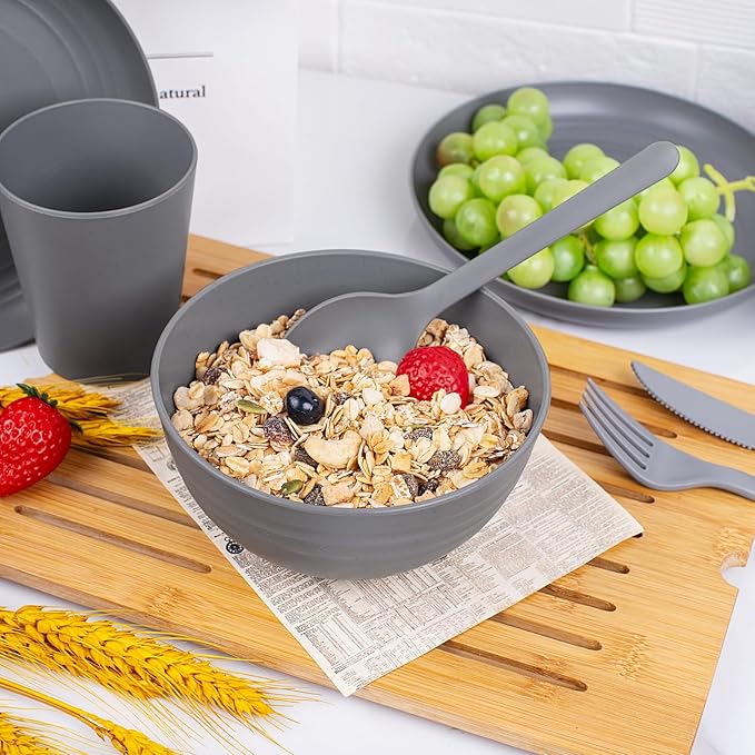 EI 42pcs Wheat Straw Dinnerware SetReusable Plastic Plates UnbreakableBig Bowl and Plate for KitchenPlates and Bowls Sets for College Dorm RoomCampingPicninc
