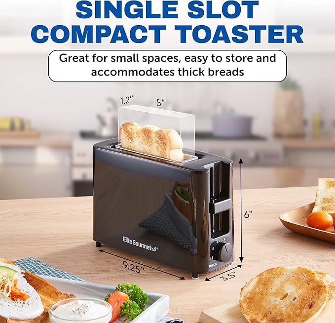 Elite Gourmet ECT118B Cool Touch Single Slice Toaster 6 Toasting Levels &amp Wide Slot for Bagels Waffles Specialty Breads Pastry Snacks Black &amp ESB-301BF# Countertop Single Cast Iron Burne