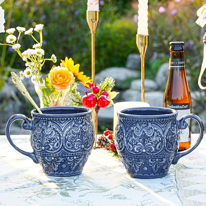 Sungmor Embossed Stoneware Fine Dining Dinnerware Antique Baroque Style Porcelain Coffee Mugs Set of 2 18oz Large Water Cups with Handles Sophisticated Rustic Ceramic Mugs for Tea Milk or Beer