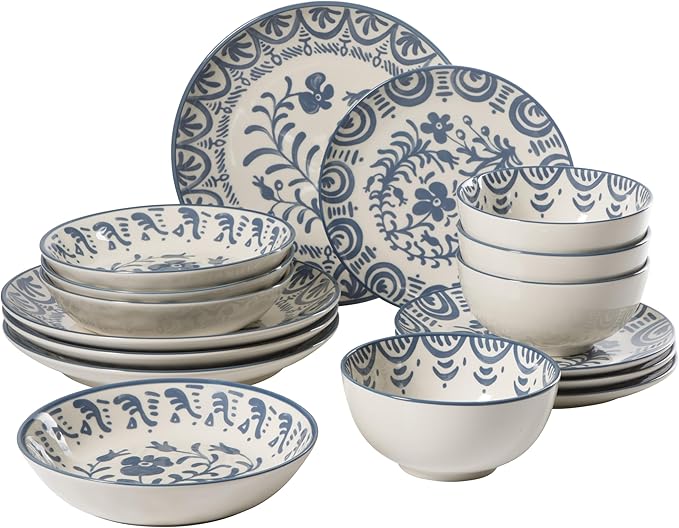 Bloomhouse - 2-Time Oprah’s Favorite Things - Valencia Flor 16 Piece Dinnerware Set Artisanal Decorated Stoneware Plates &amp Bowls Service for 4 Microwave &amp Dishwasher Safe Iris Blue