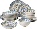 Bloomhouse - 2-Time Oprah’s Favorite Things - Valencia Flor 16 Piece Dinnerware Set Artisanal Decorated Stoneware Plates &amp Bowls Service for 4 Microwave &amp Dishwasher Safe Iris Blue