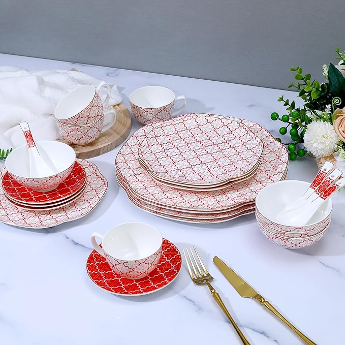 24 Piece Red Poreclain Dinnerware SetBone china Set for 4Ceramic Plates and Bowls Sets With checkered cross patternHighly Chip and Crack Resistant | Oven &amp Dishwasher (Red + Checkered Cross)