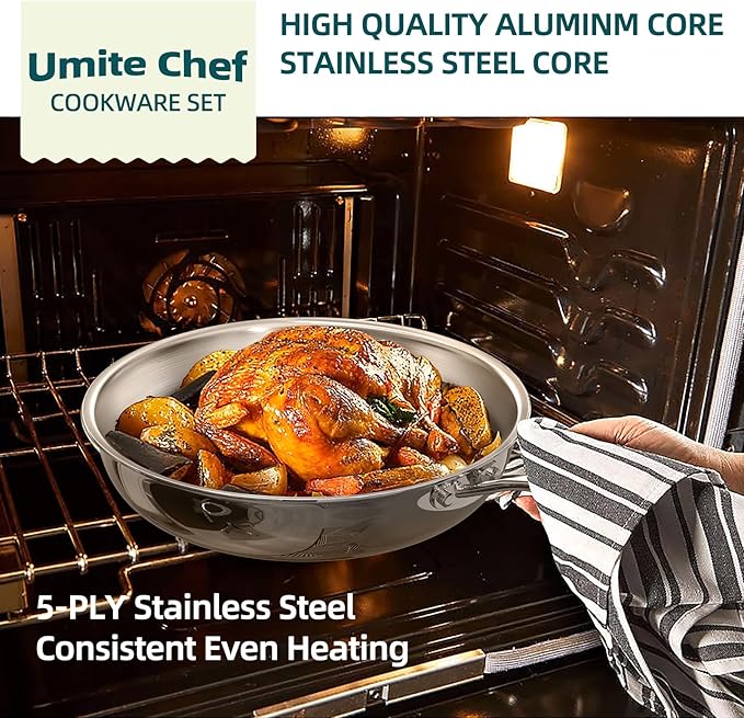 Umite Chef Stainless Steel Cookware Set 5 Ply 14 Piece Stainless Steel Pot and Pan Set-Induction Heavy Chef Quality Oven Safe | Professional Kitchen Cooking Appliances PFOA PTFE &amp PFOS Free
