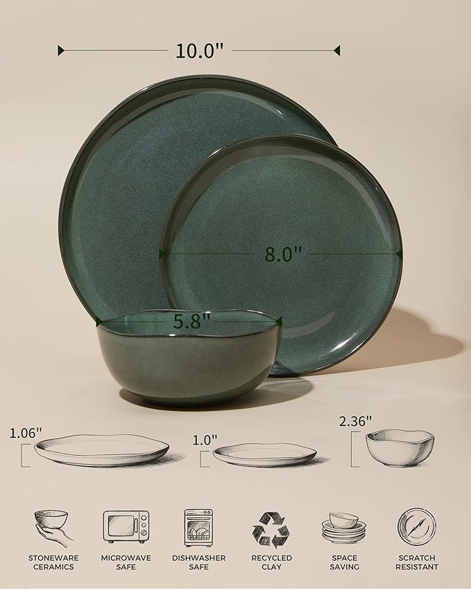 Plates and Bowls Sets for Family of 6 Ceramic Dinnerware Sets Kitchen Dish Set Microwave &amp Dishwasher Safe Dishware Highly Durable Reactive Glazed Dinner Set Forest Green