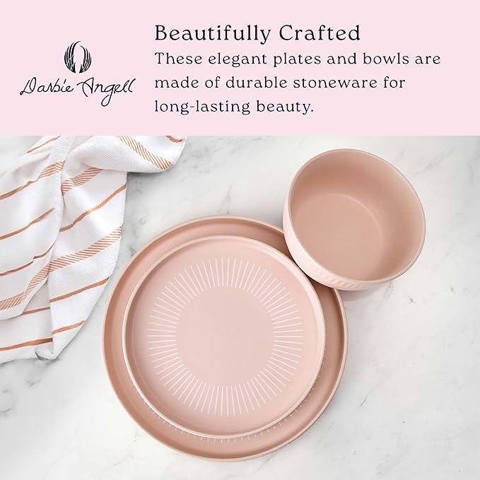 Darbie Angell Mod Blush 12 Piece Durable Stoneware Dinnerware Set Service for 4 Plate and Bowl Set with High Rims Modern Tableware Pink