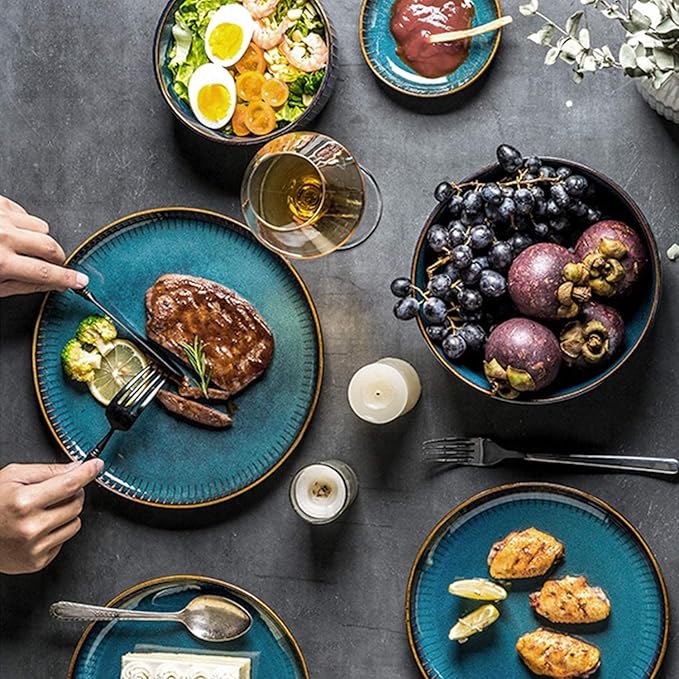 Blue Dinnerware Sets Plates and Bowls Sets Stoneware Dish Set Round Reactive Glaze Stoneware Dinnerware Set (24 Pieces)