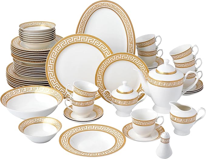 G1347-57G 57-PCs Bone China Porcelain Dinnerware Set Antique Greek Designed Tableware Set Dining Table Setting for 8 Set of 57