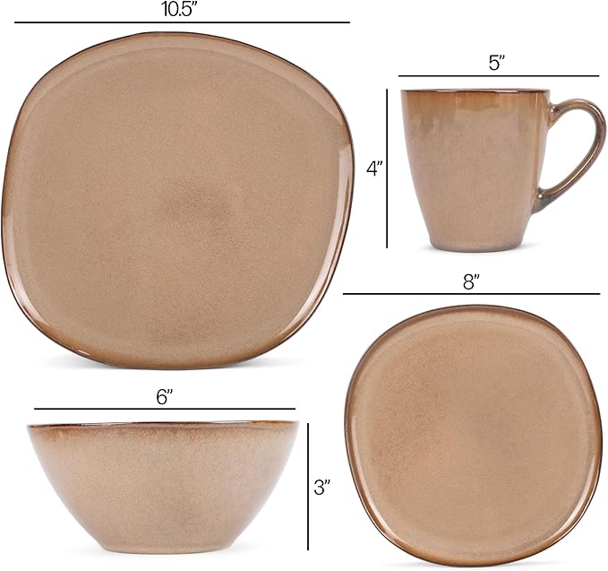 Elanze Designs 16-Piece Modern Luxury Chic Smooth Vintage Handmade Shape High Gloss Ceramic Stoneware Square Plate Mug &amp Bowl Kitchen Dinnerware 16 Piece Set - Service for 4 Brown
