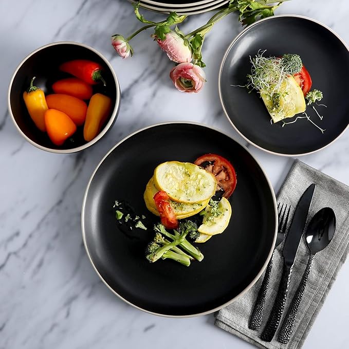 12-Piece Matte Stoneware Dinnerware Set – Modern Plates Bowls &amp Mugs for Everyday Dining (Black)